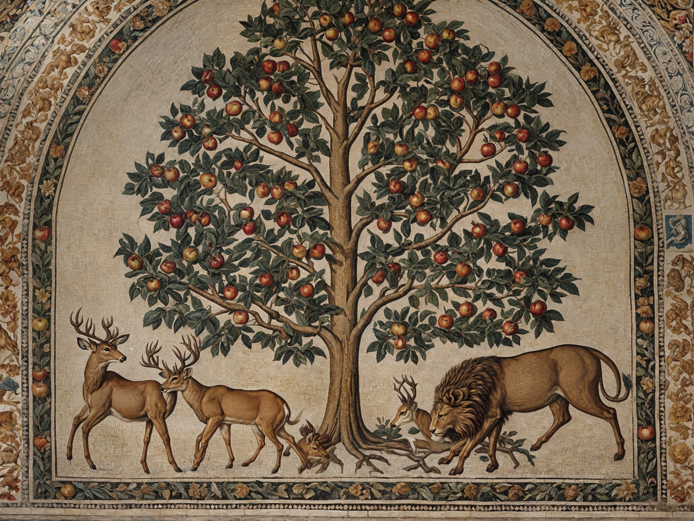 Vibrant mosaic of a fruitful tree with wildlife