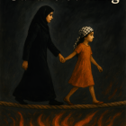 Children Walking Hand in Hand Amid Smoke and Flames