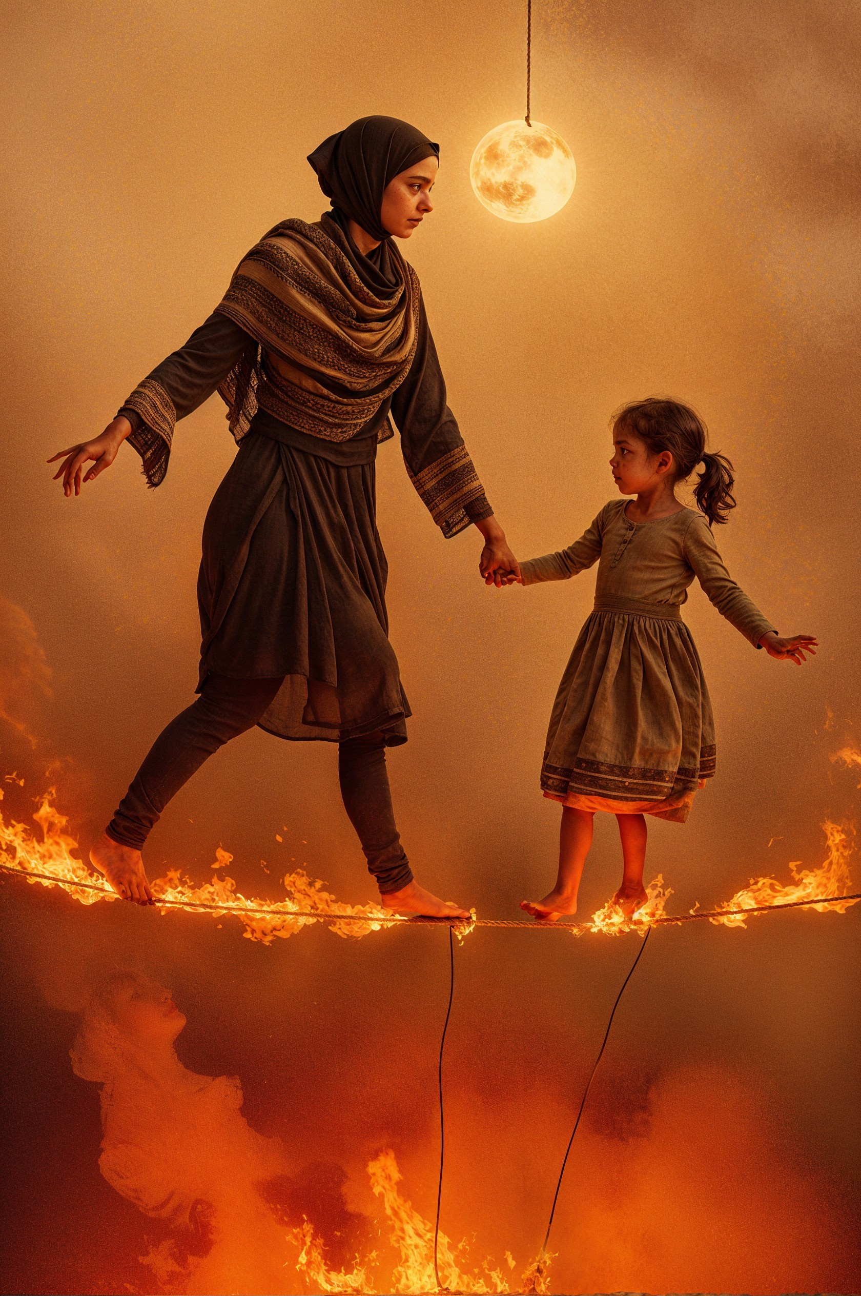 Woman and girl on fiery path in surreal landscape
