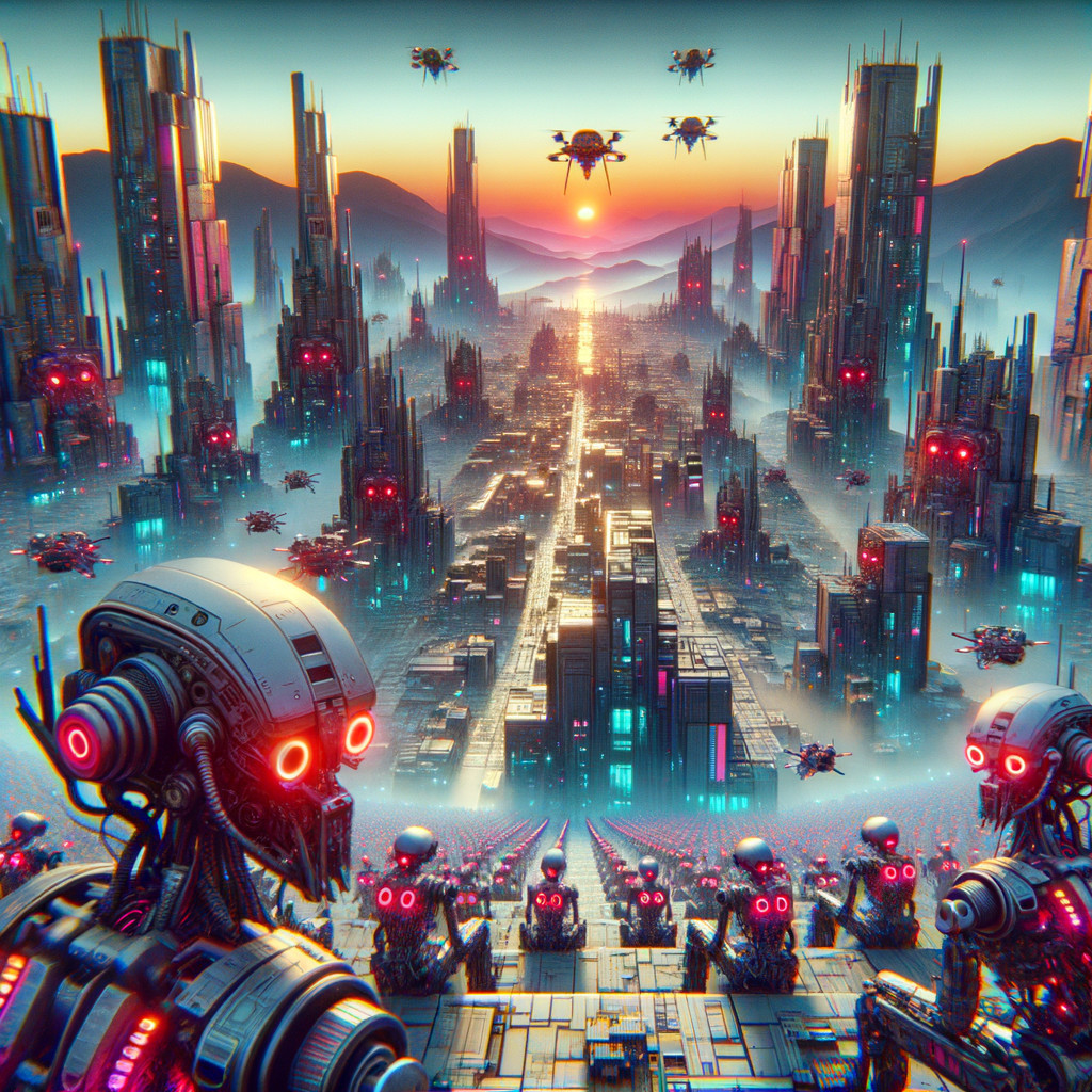 Futuristic cityscape with skyscrapers and robots