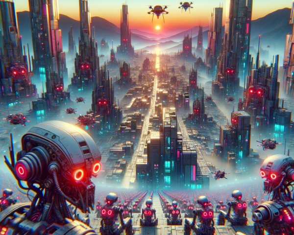 Futuristic cityscape with skyscrapers and robots