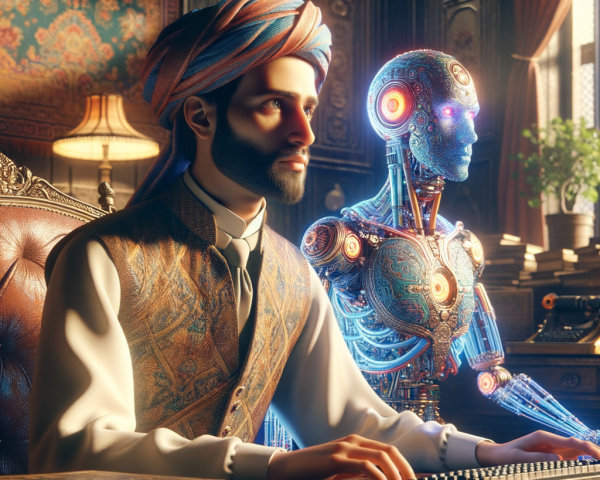 Man in Traditional Attire with Futuristic Robot