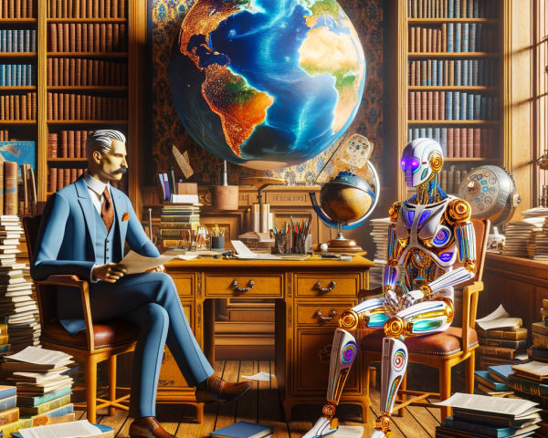 Cozy library scene with man and futuristic robot