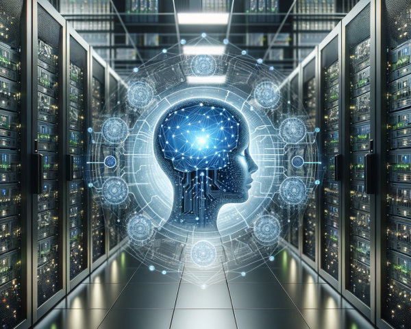 Futuristic Data Center with Neural Network Silhouette
