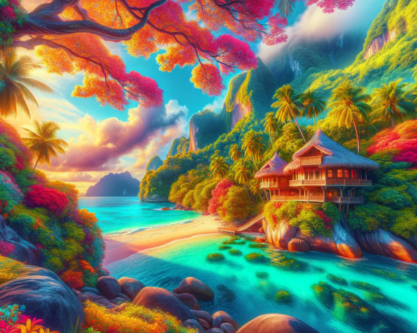 Tropical Paradise with Beach, Palm Trees, and Sunset
