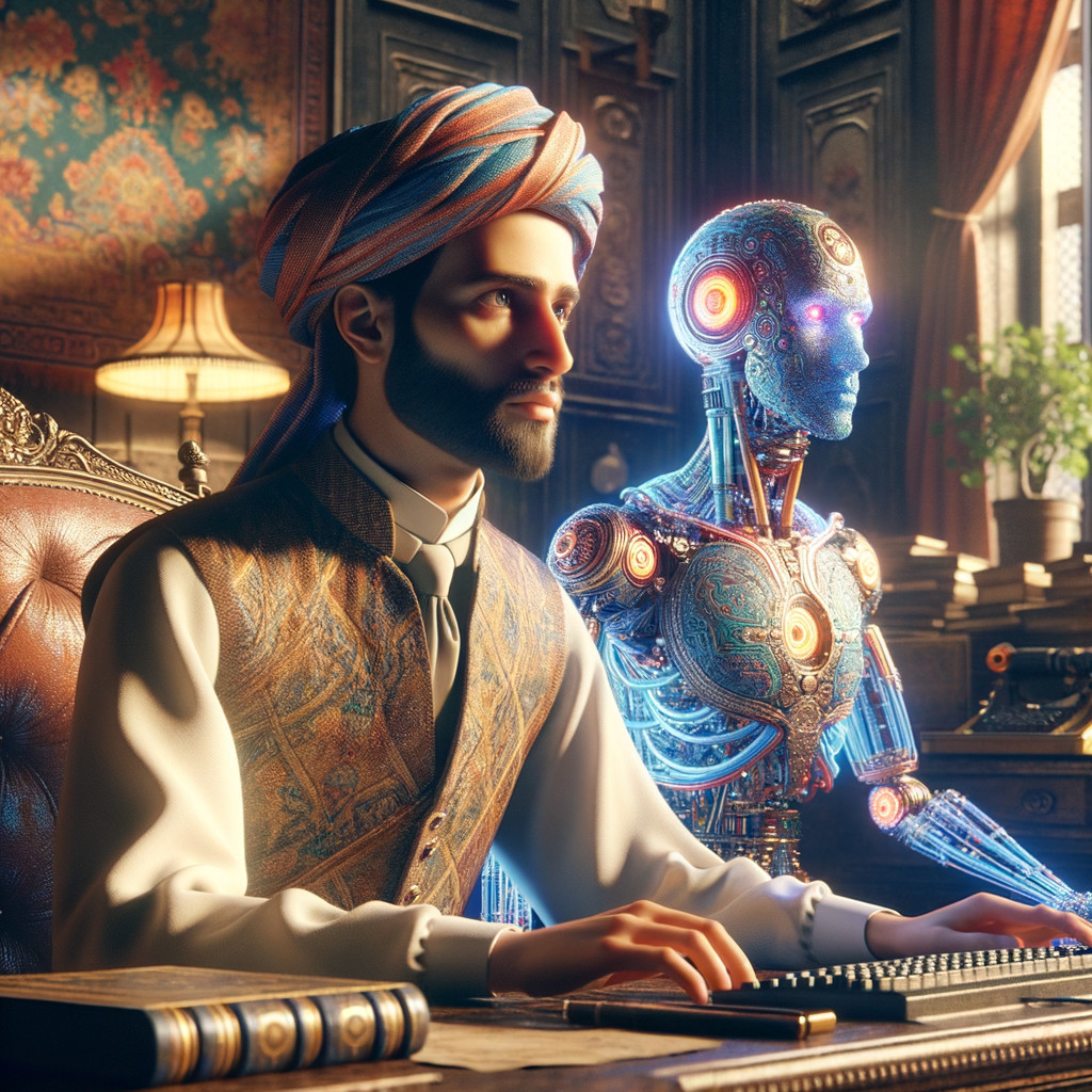 Man in Traditional Attire with Futuristic Robot