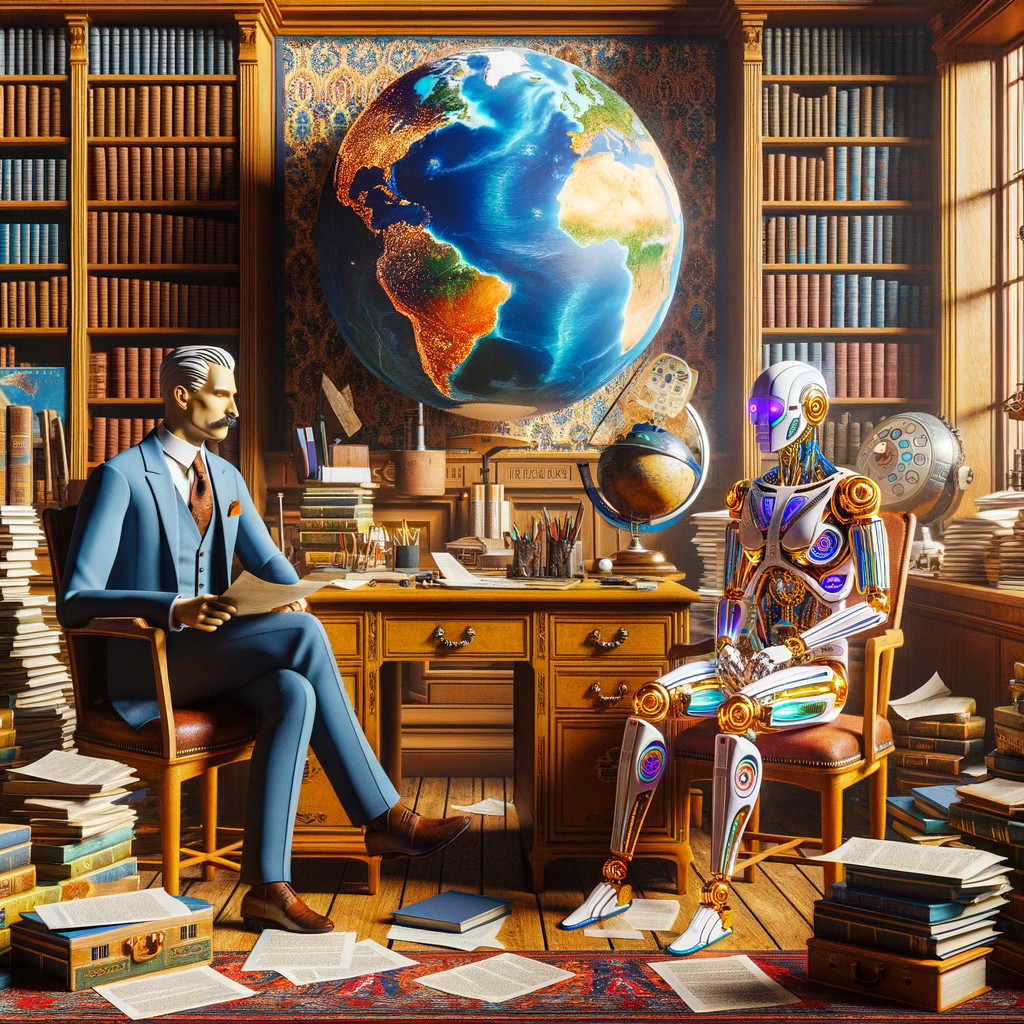 Cozy library scene with man and futuristic robot