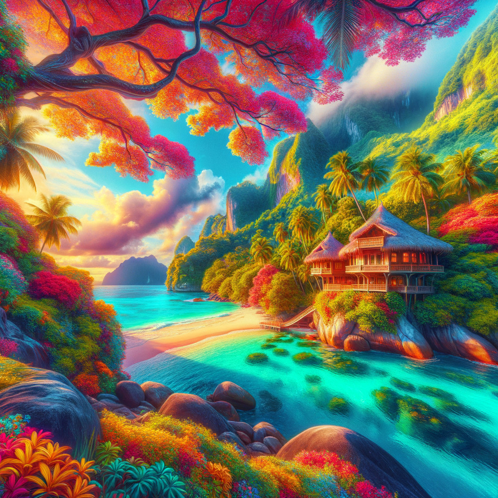 Tropical Paradise with Beach, Palm Trees, and Sunset