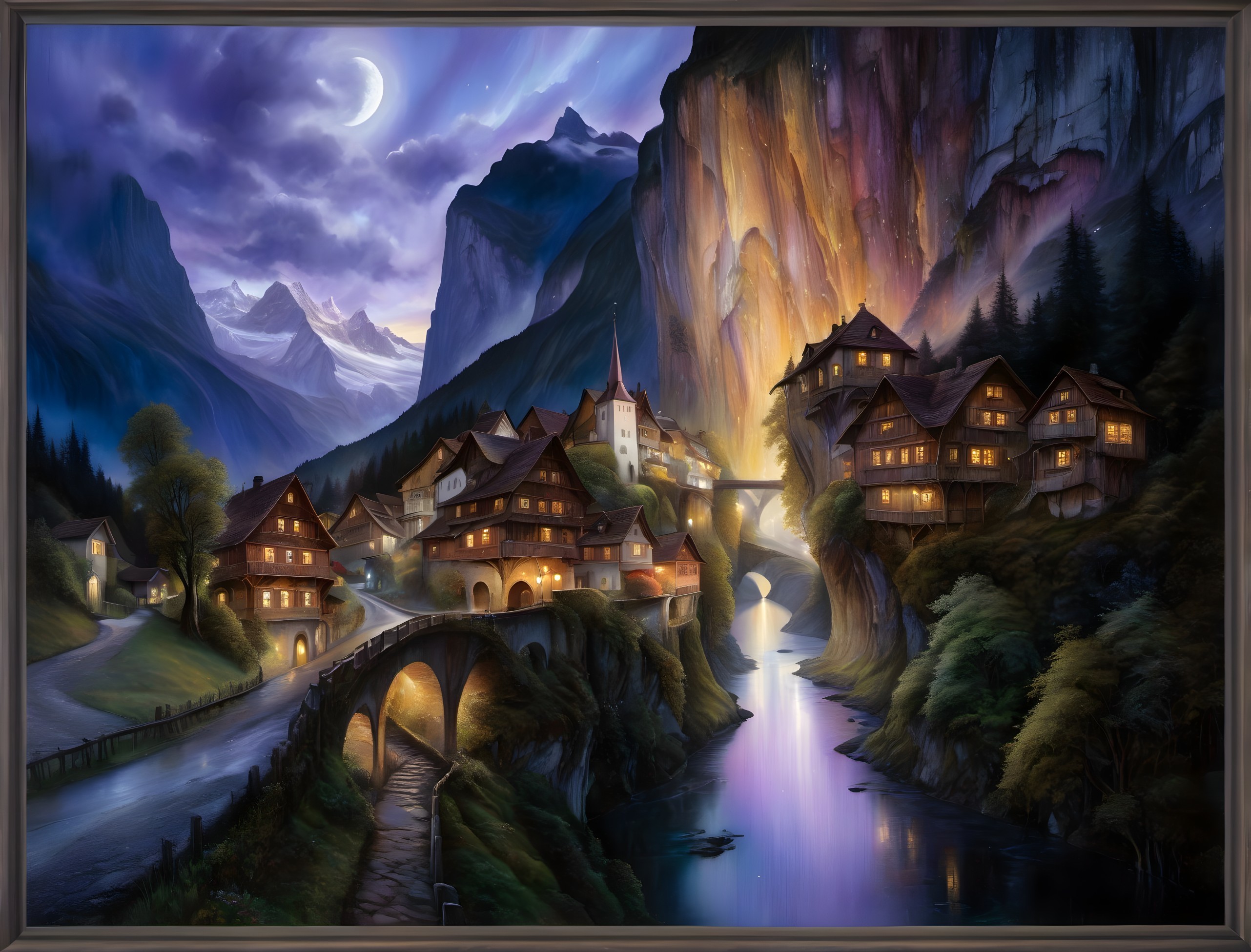 Serene Nighttime Village Landscape with Mountains and River