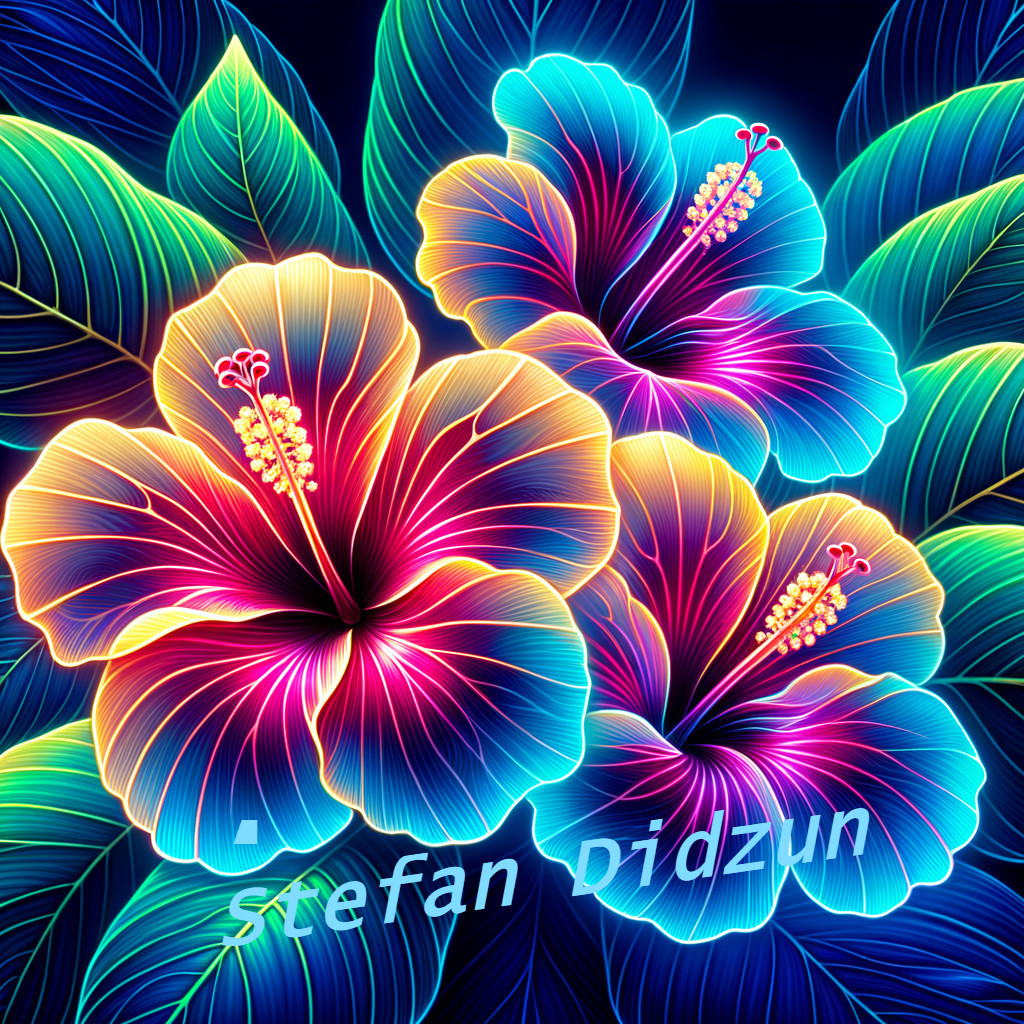 Neon-lit hibiscus flowers on dark background with glowing outlines