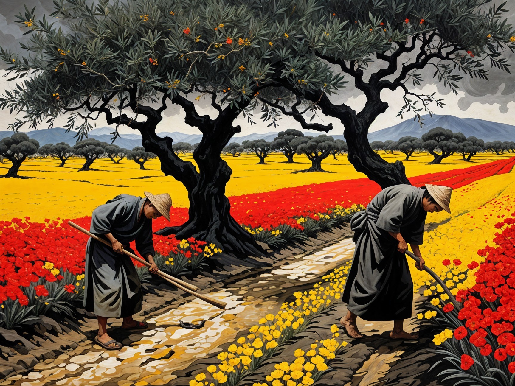 Farmers Tending Flower Fields Under Dramatic Sky