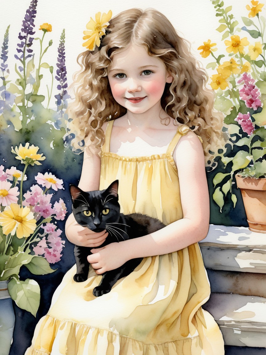 Young girl in yellow dress with black cat in flowers