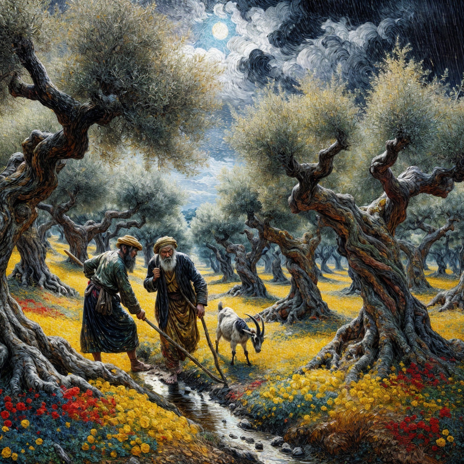 Traditional Attire Figures by Stream in Olive Grove