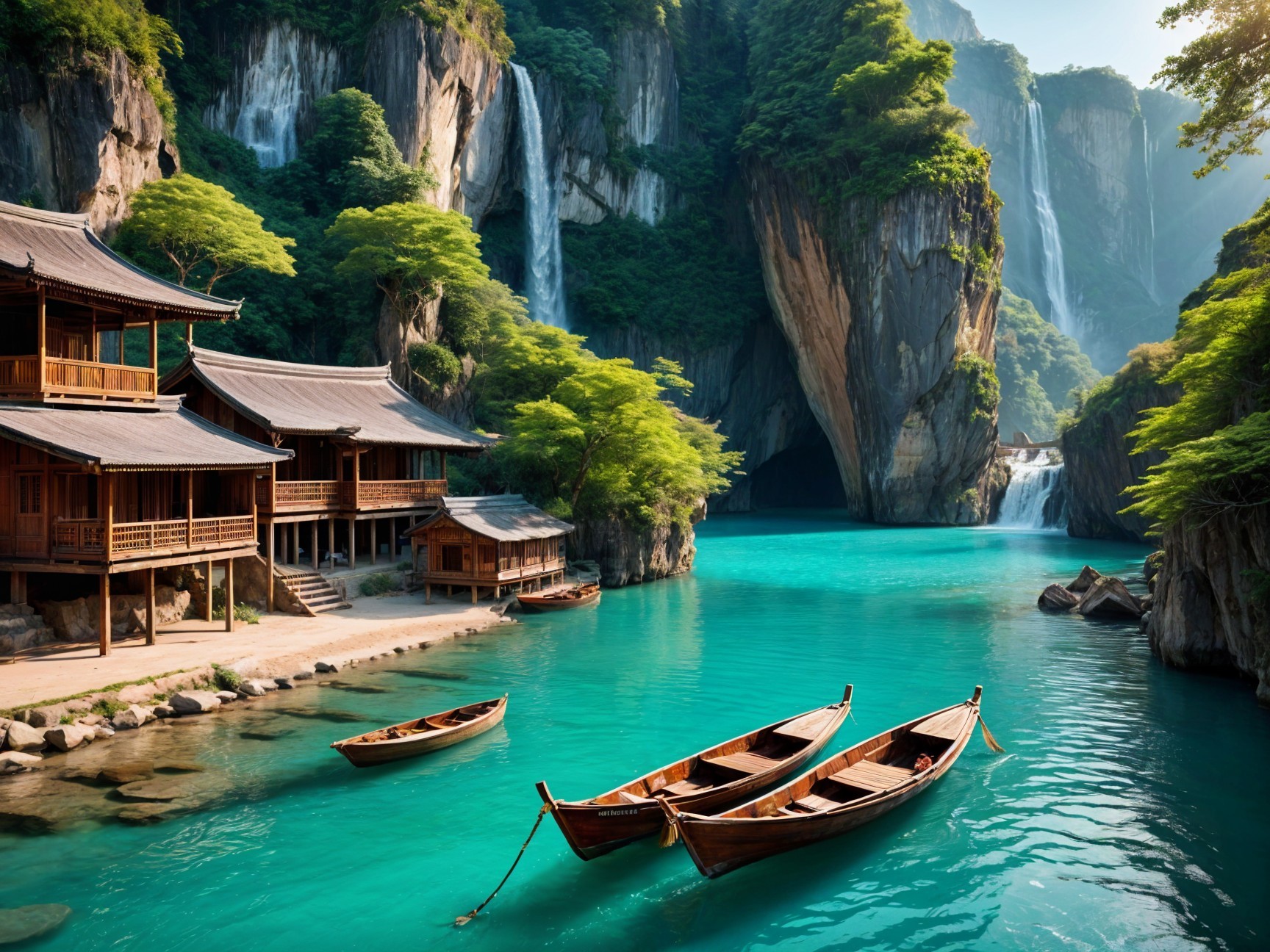Serene Landscape with Turquoise Waters and Waterfalls