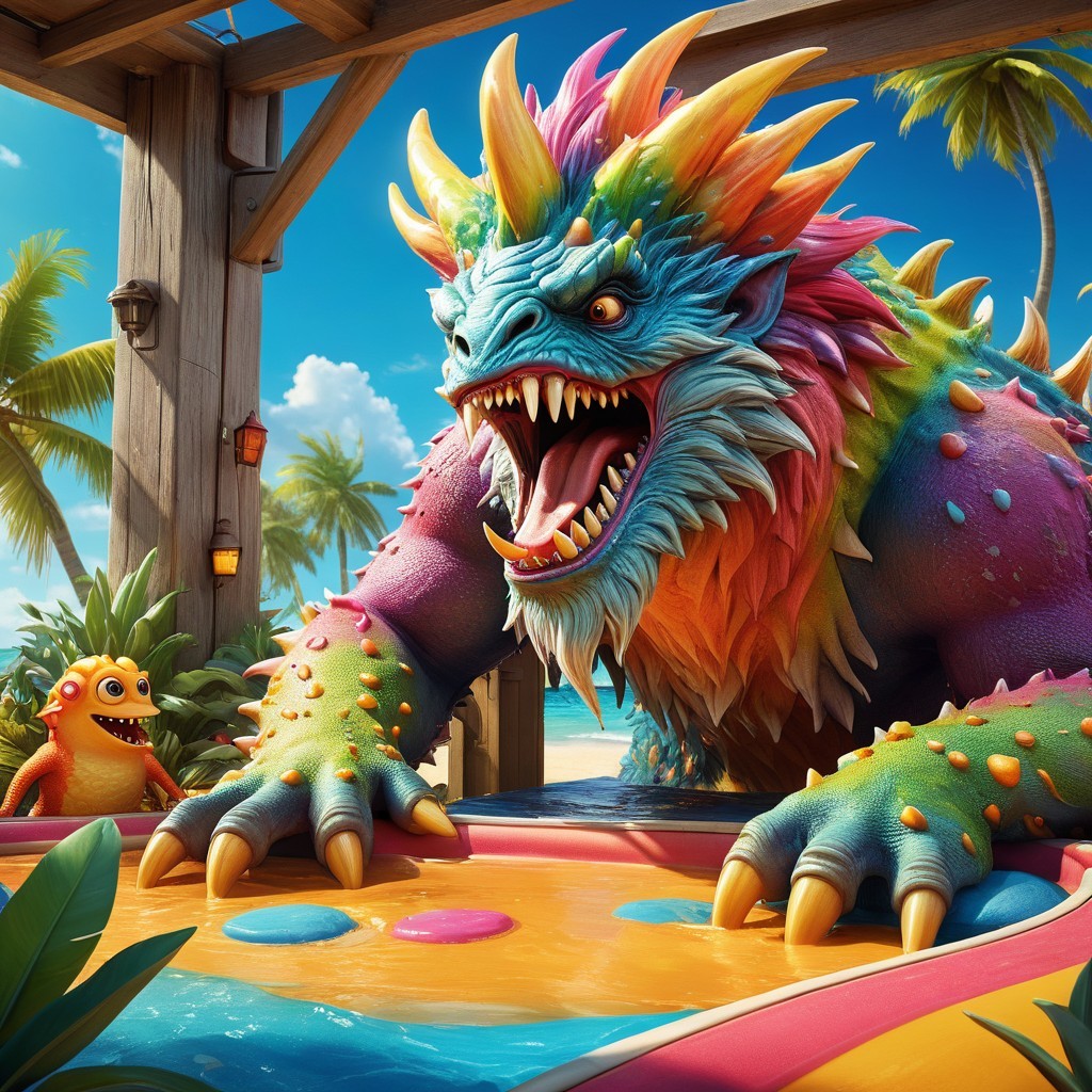 Rainbow-Colored Creature at Beach Game Table Scene