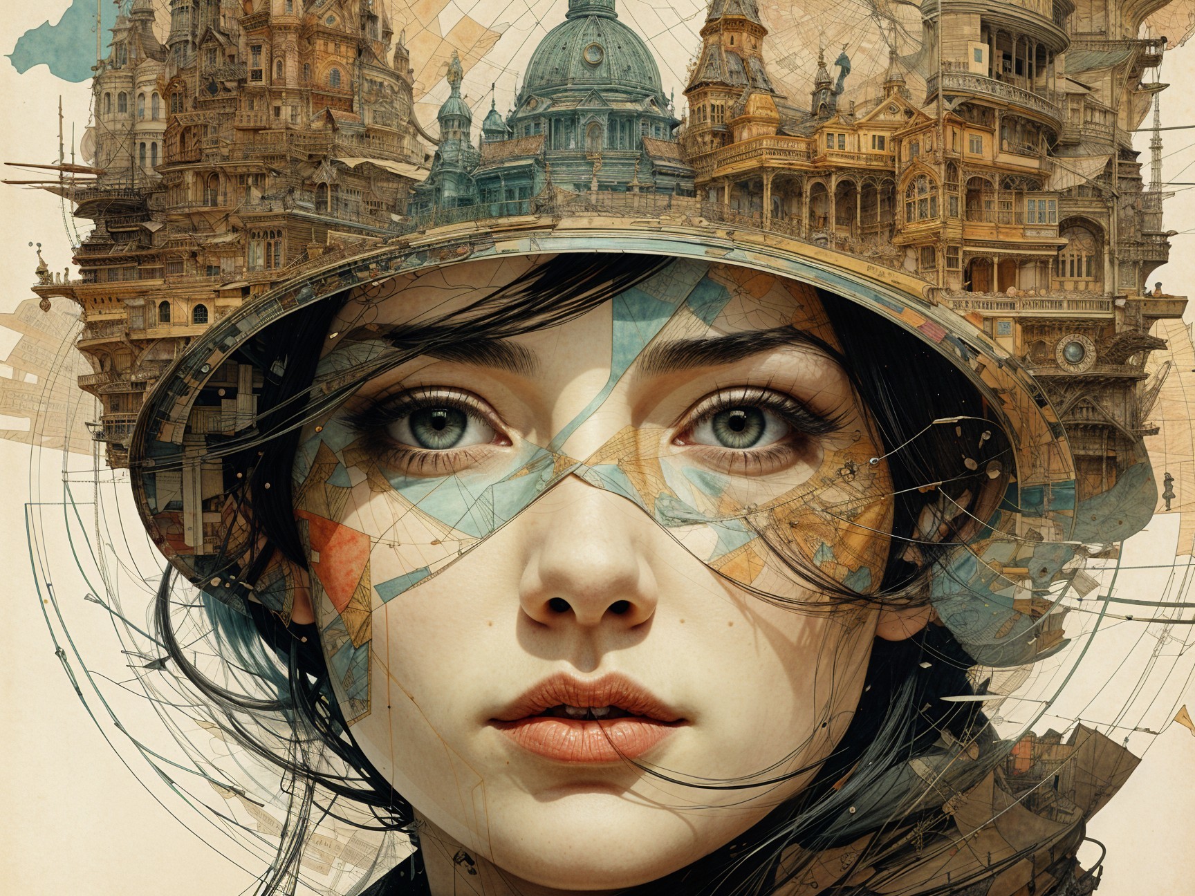 Close-up of a woman with geometric patterns and cityscape