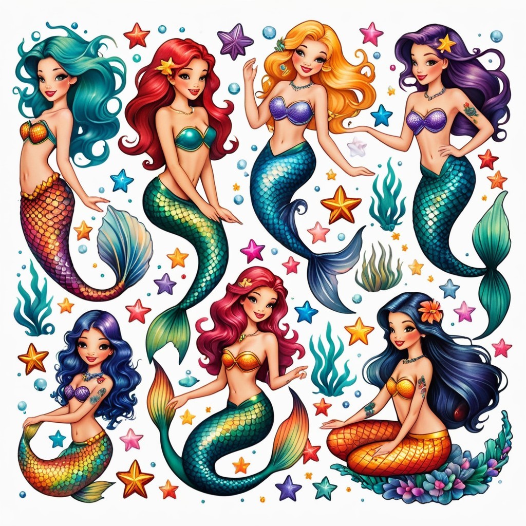 Vibrant Illustration of Eight Colorful Mermaids