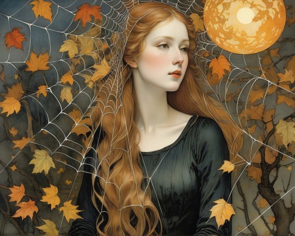 Dreamy Young Woman Surrounded by Autumn Leaves and Moon