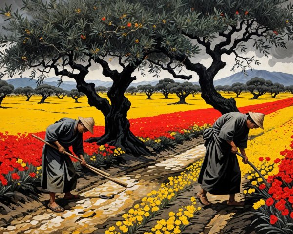 Farmers Tending Flower Fields Under Dramatic Sky