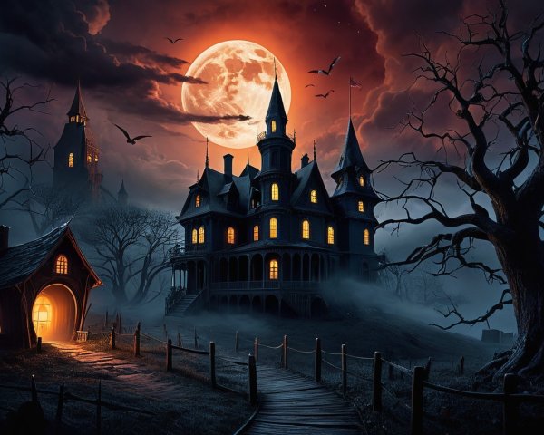 Eerie Mansion Under Full Moon with Gnarled Trees