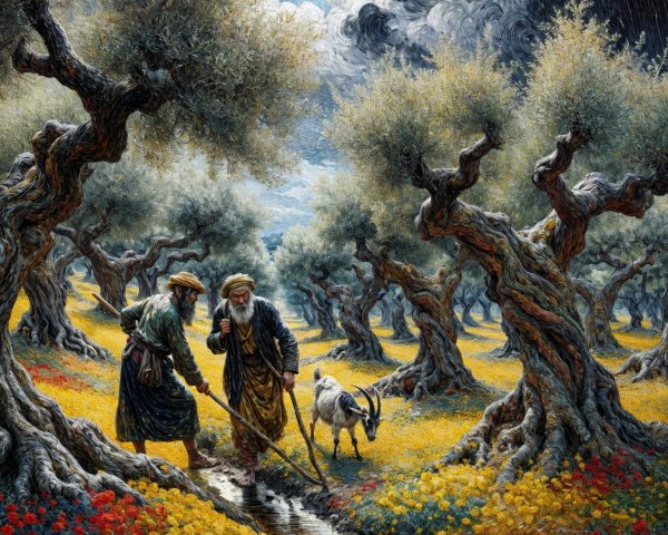 Traditional Attire Figures by Stream in Olive Grove