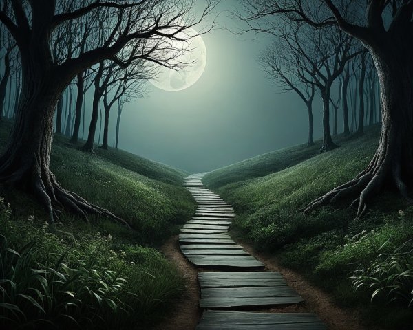 Wooden Plank Path in Mystical Forest Under Moonlight
