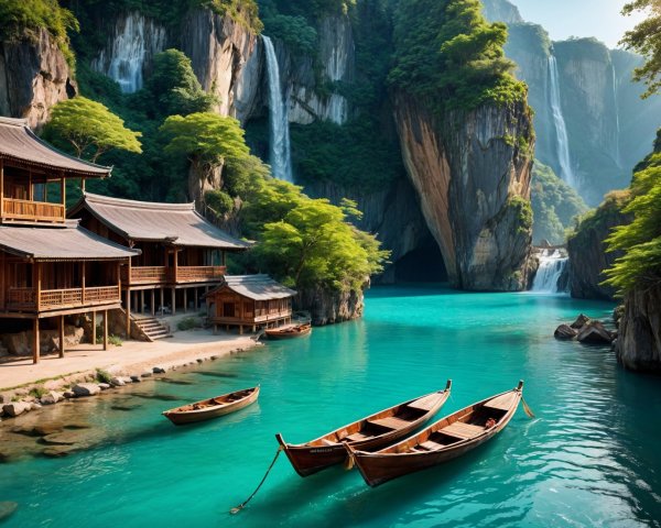 Serene Landscape with Turquoise Waters and Waterfalls