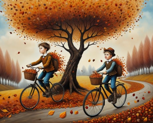 Boys Riding Bicycles on Leaf-Covered Path in Autumn