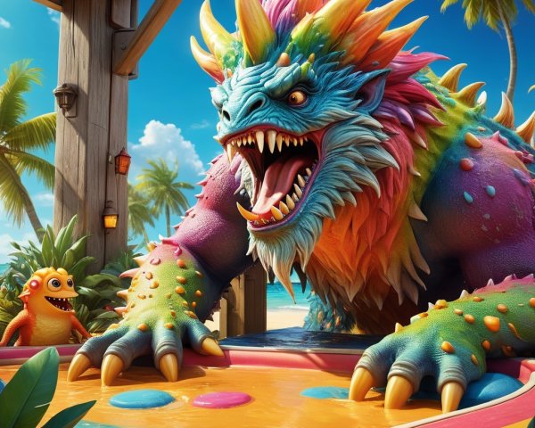Rainbow-Colored Creature at Beach Game Table Scene