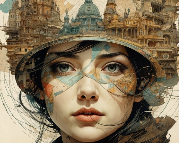 Close-up of a woman with geometric patterns and cityscape