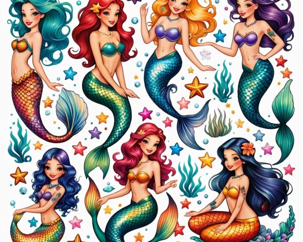 Vibrant Illustration of Eight Colorful Mermaids
