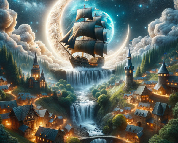Grand Ship in Sky Over Waterfalls and Village