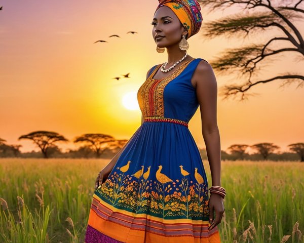 Woman in Vibrant Dress Against Sunset Landscape