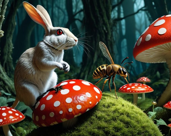 White Rabbit and Bee in Mystical Forest Setting