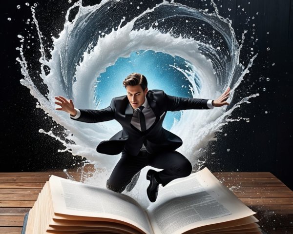 Man in Suit Leaping from Book into Water Splash