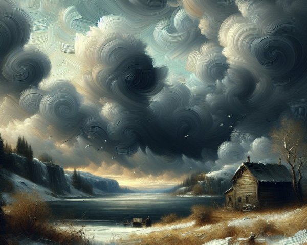Serene Winter Landscape with Rustic Cabin and Lake