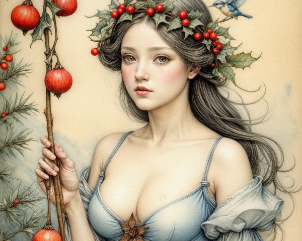 Young woman with silver hair in holiday scene