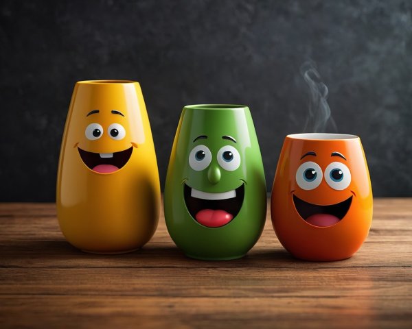 Colorful Cartoon Cups with Cheerful Faces on Tabletop