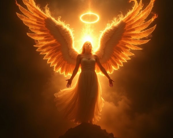 Majestic Figure with Fiery Wings on Dark Mountain