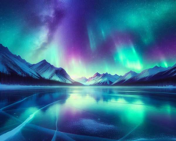 Winter Landscape with Frozen Lake and Northern Lights