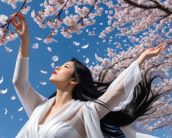 Serene Woman in White Amidst Cherry Blossoms