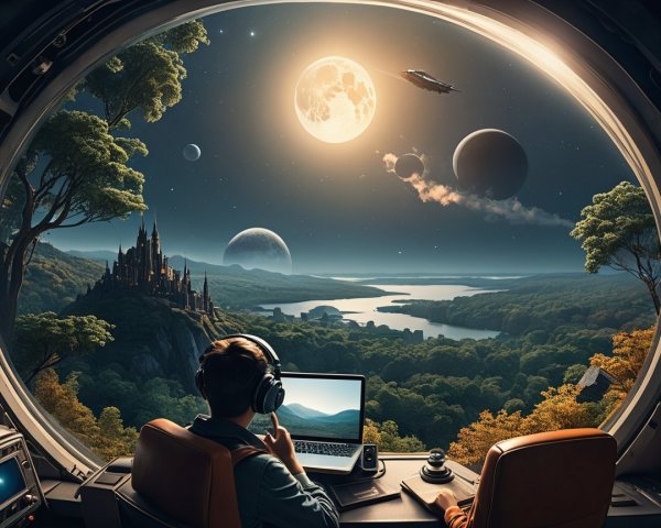 Young person at futuristic workstation in spacecraft