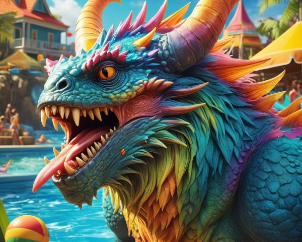 Vibrant Dragon in Tropical Amusement Park Setting