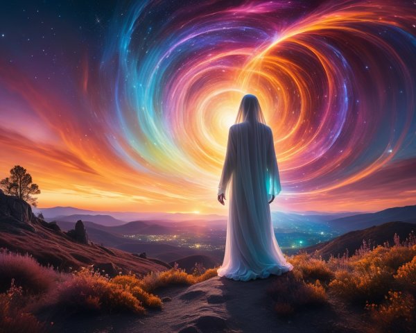 Figure in White Robe Overlooking Colorful Vortex