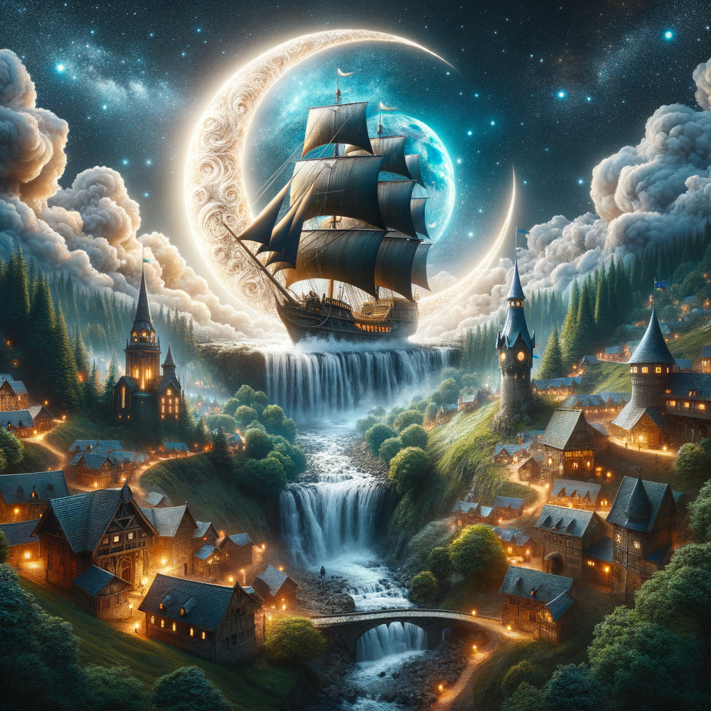 Grand Ship in Sky Over Waterfalls and Village