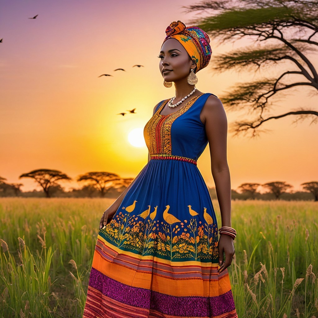 Woman in Vibrant Dress Against Sunset Landscape