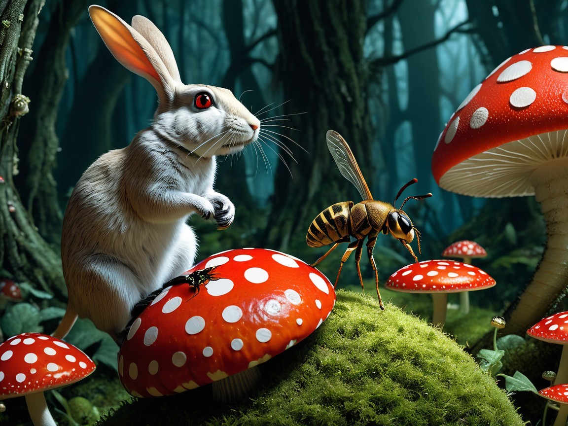 White Rabbit and Bee in Mystical Forest Setting