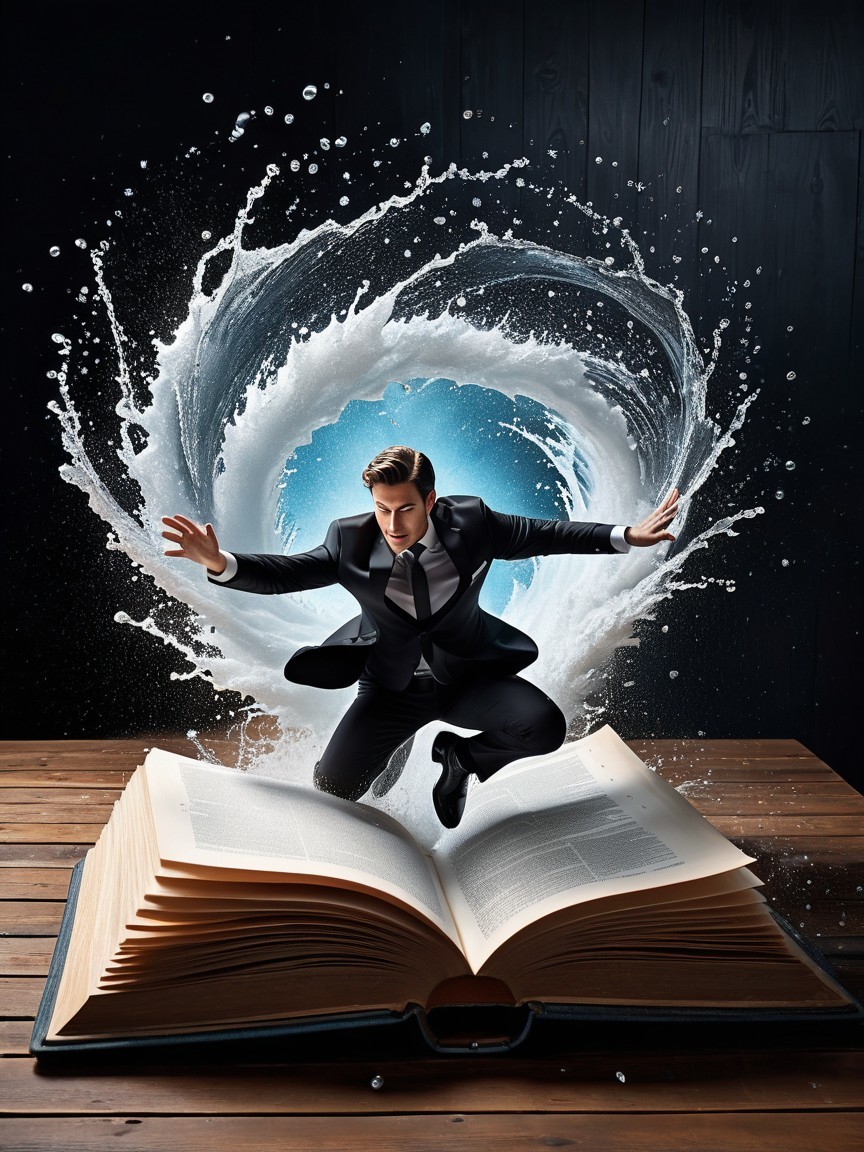 Man in Suit Leaping from Book into Water Splash