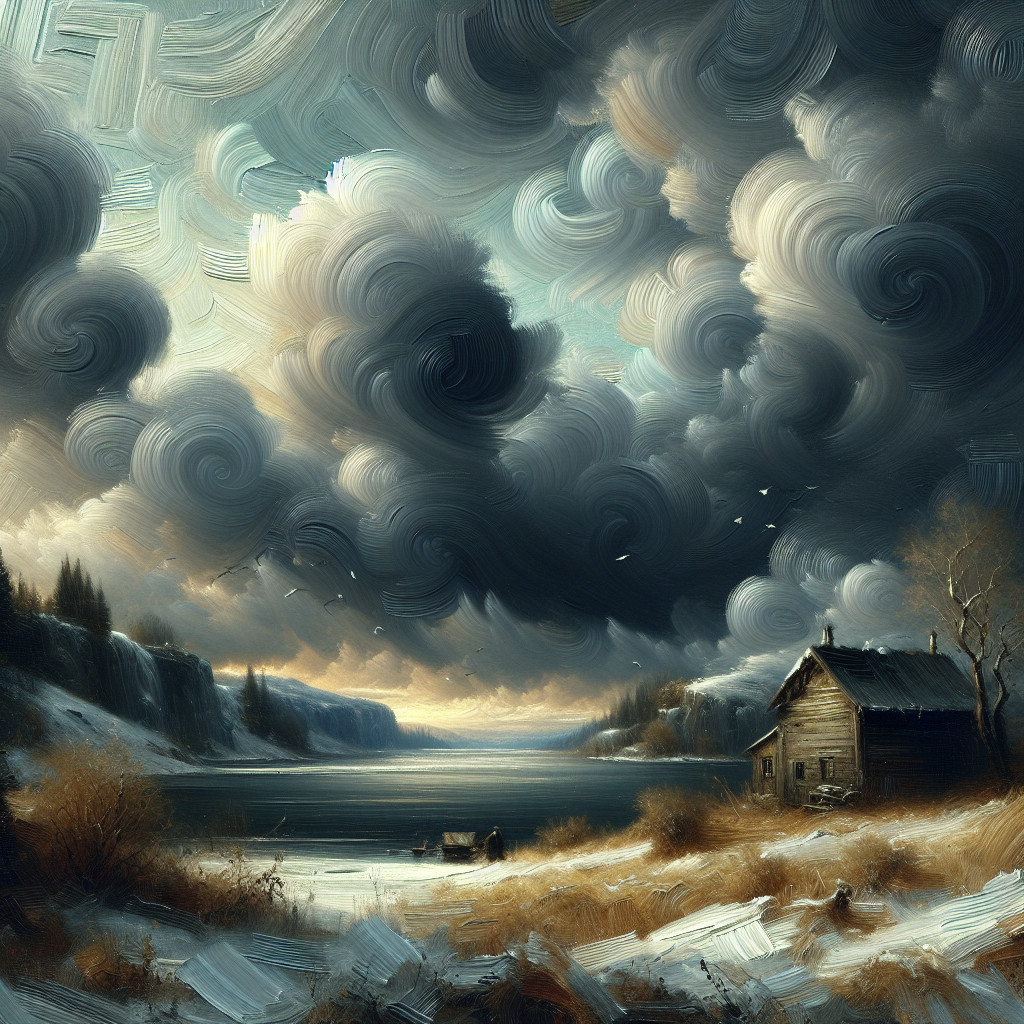 Serene Winter Landscape with Rustic Cabin and Lake