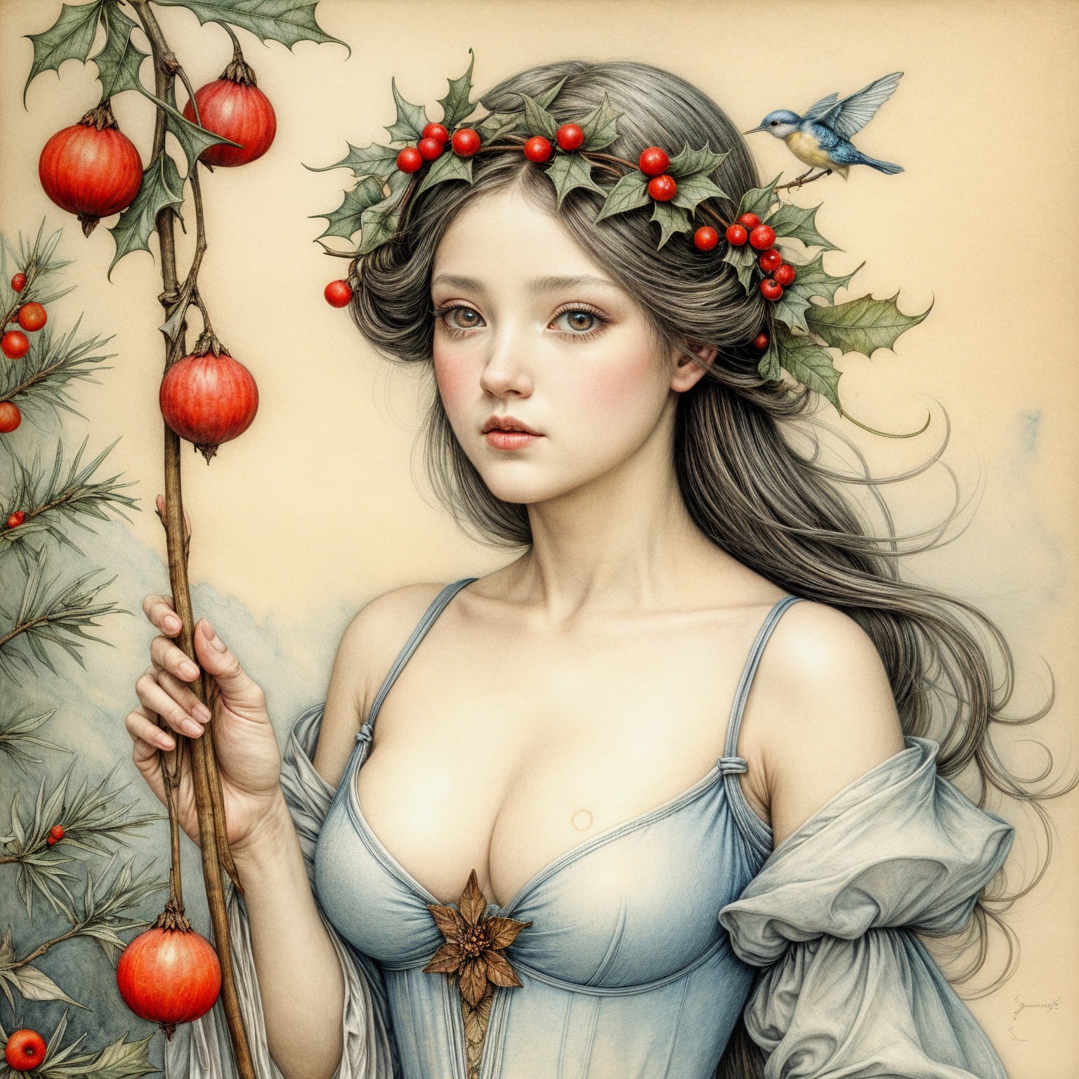 Young woman with silver hair in holiday scene